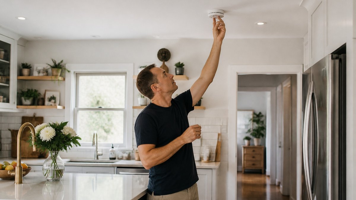 Homeowner inspecting interconnected heat detectors on a kitchen ceiling