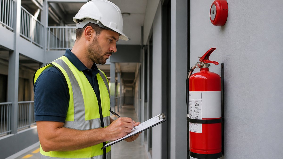 Licensed fire safety technician checking a wall-mounted fire extinguisher in a commercial corridor